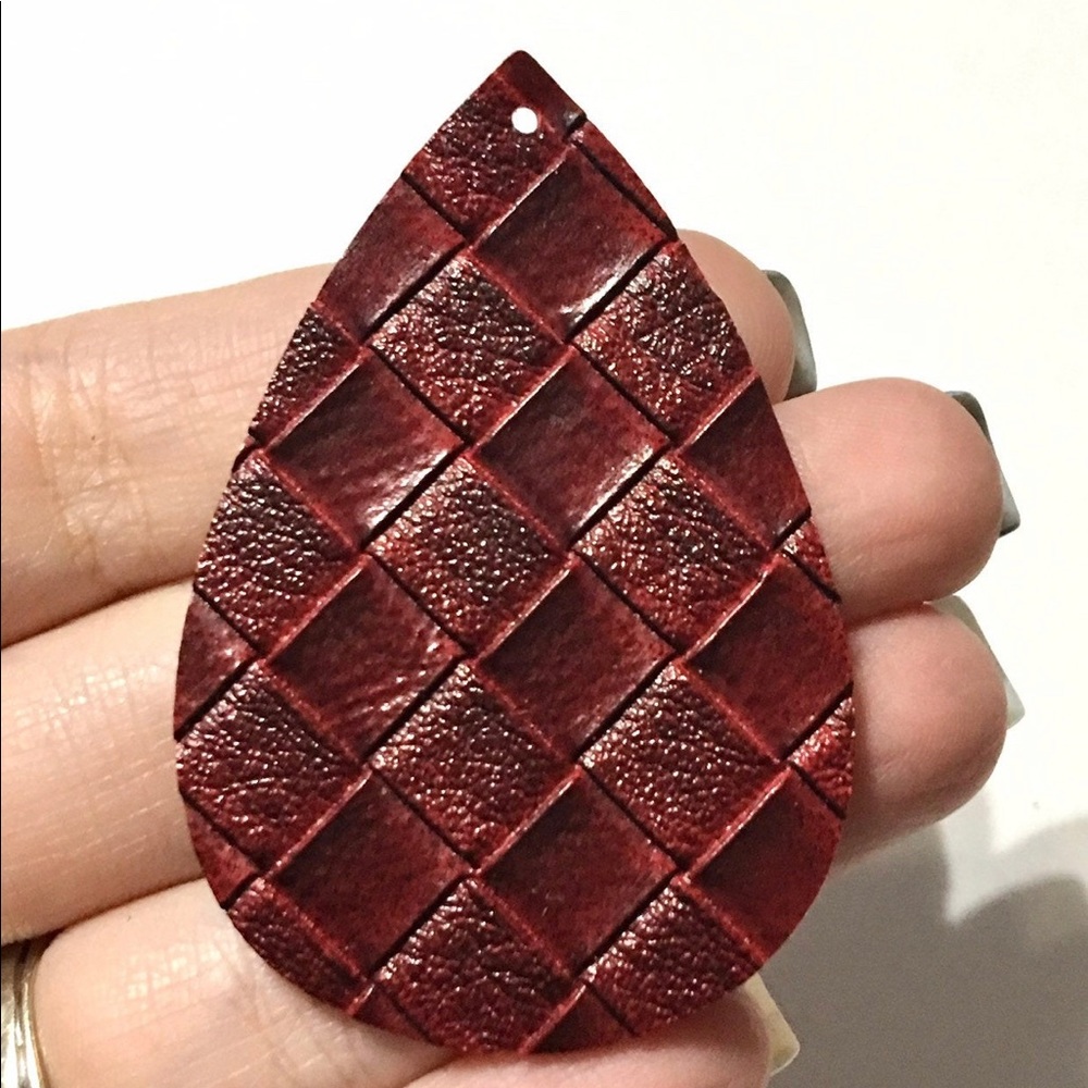Wine Red Woven Vegan Leather Teardrop Earrings